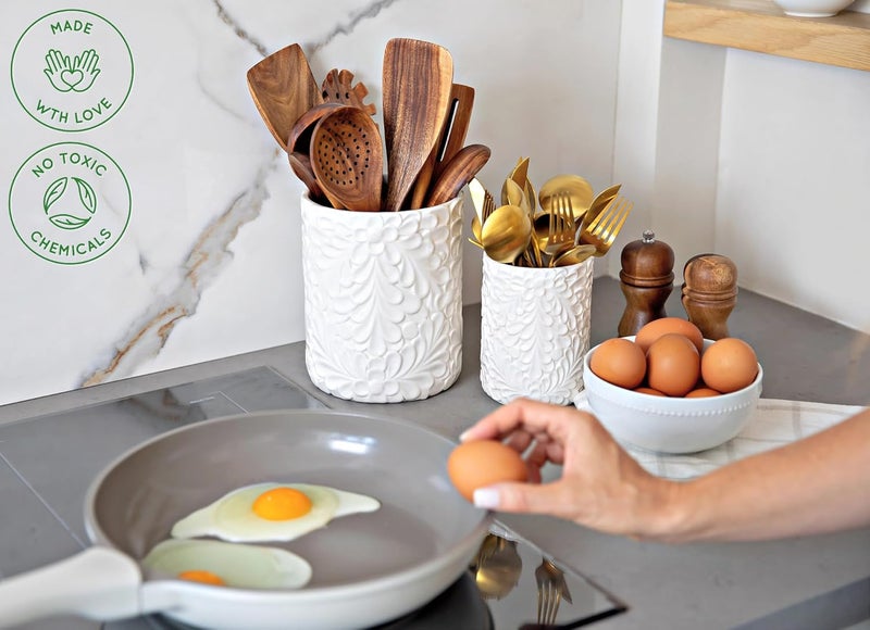 25DOL Large 7.3"+5.4" Engraved Ceramic Utensil Holder for Countertop, Cooking Utensils Organizer for Spatula, Large Utensils Crock for Kitchen Counter, Kitchen Decor, set of 2, White - Image 2